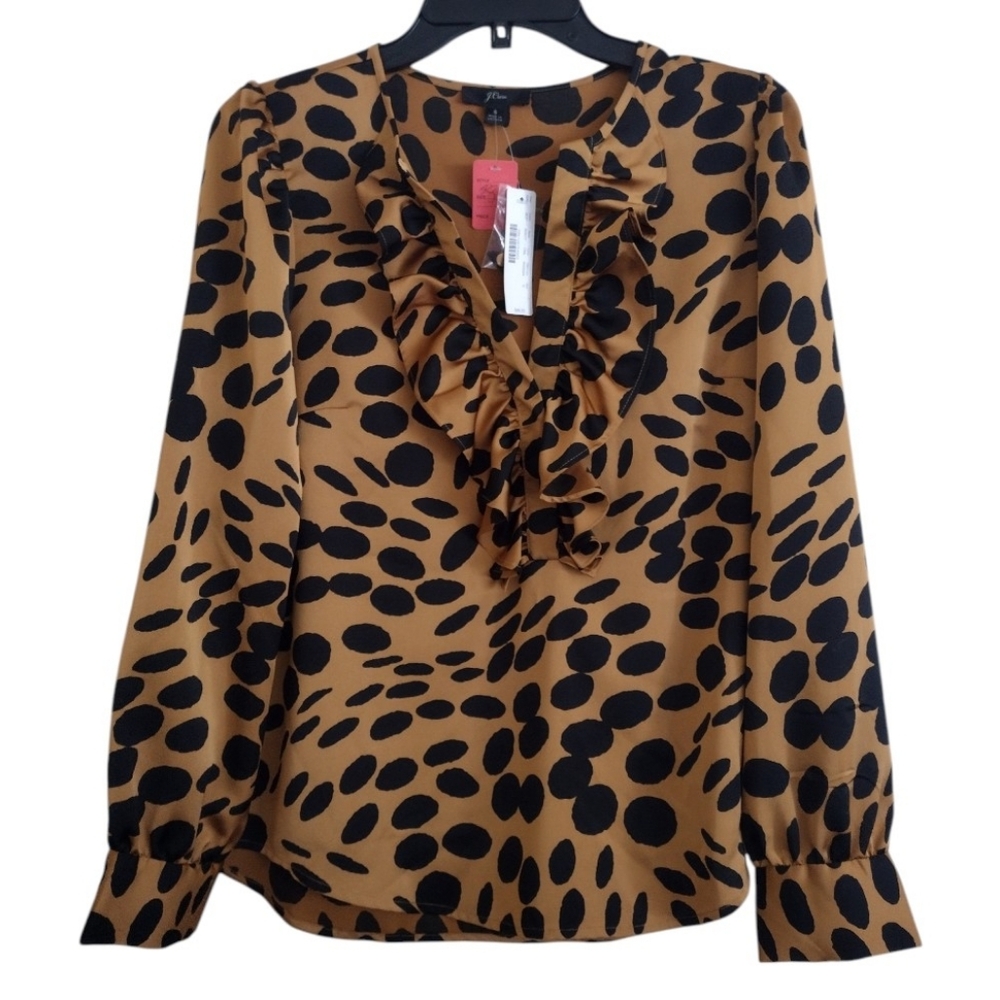 J Crew Ruffle V-Neck Long Sleeve Blouse - Black Dot on Camel Size Small